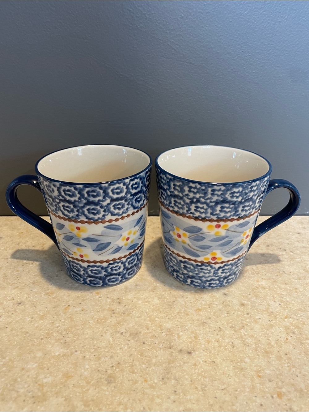TEMP-TATIONS Set of 2 Coffee Tea Mugs Old World Blue 10oz Cottage Cabin Gift